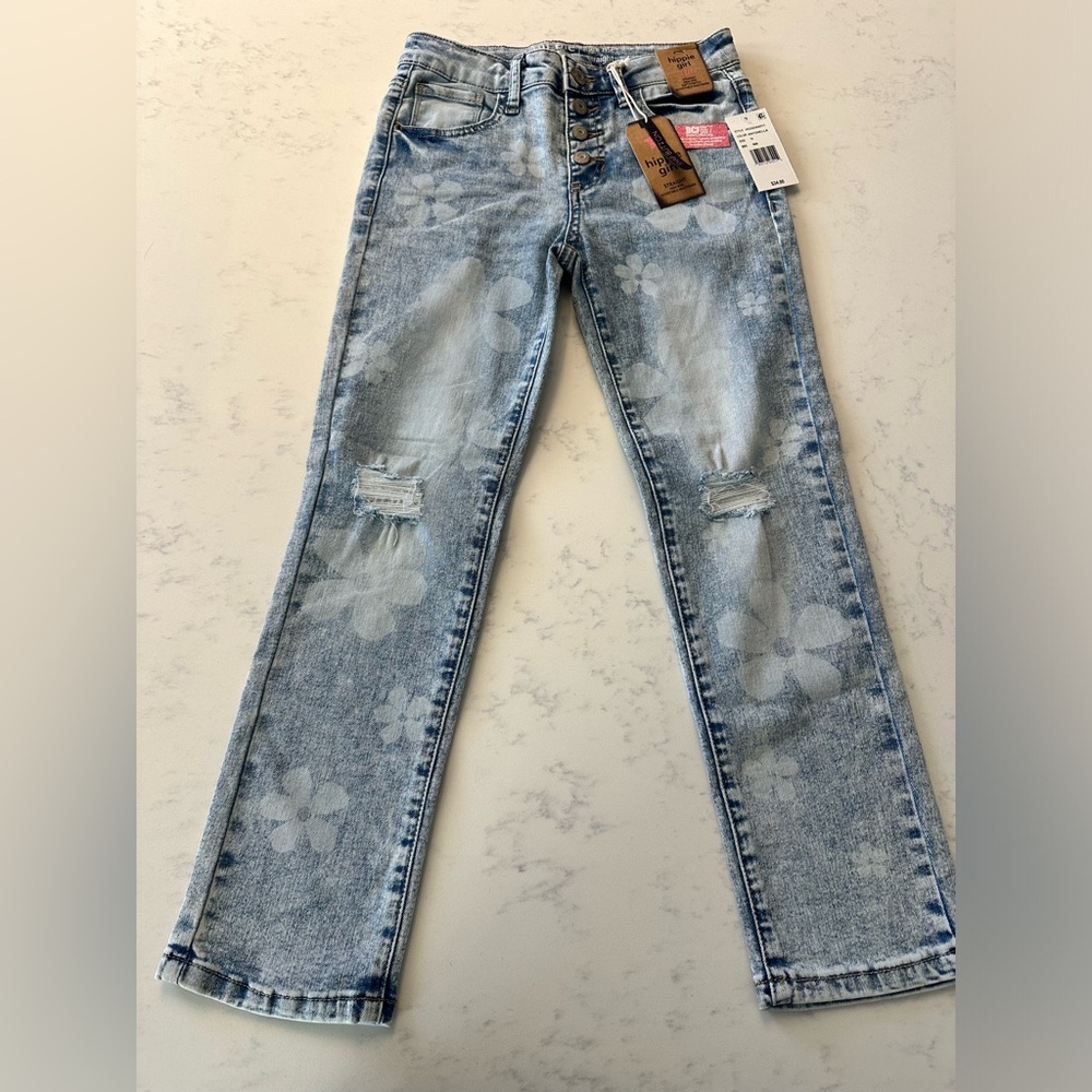 HIPPIE GIRL Floral Denim Jeans Size 10 NWT Distressed Straight High Rise kids